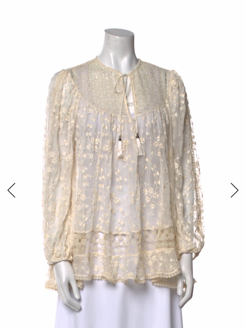 Zimmermann Cream Embroidered Lace Peasant Blouse with Tassel Tie